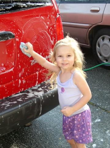 Sarah washes Mom's van